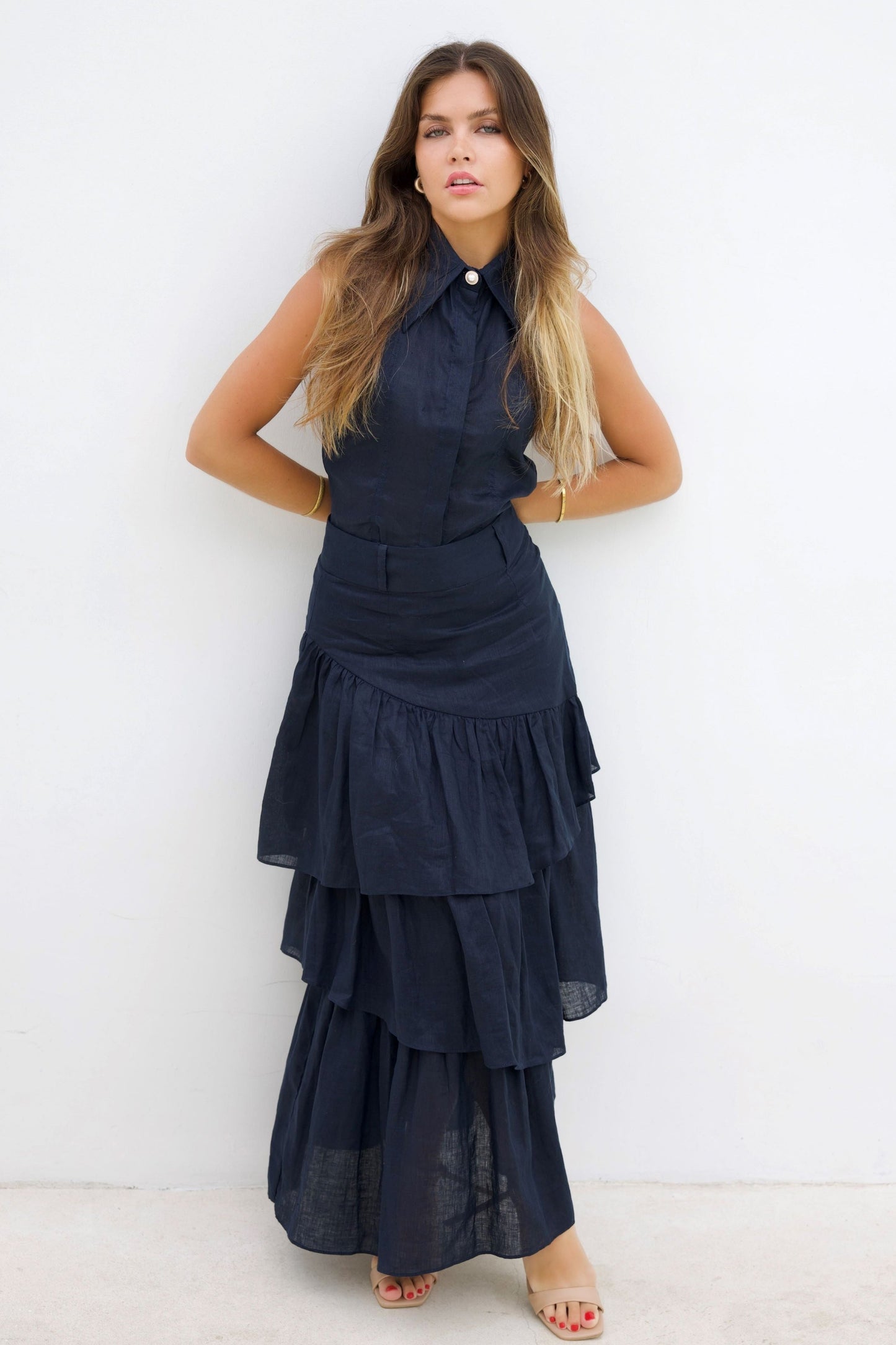 Joanie Tiered Maxi Skirt - Ink Navy Blue
