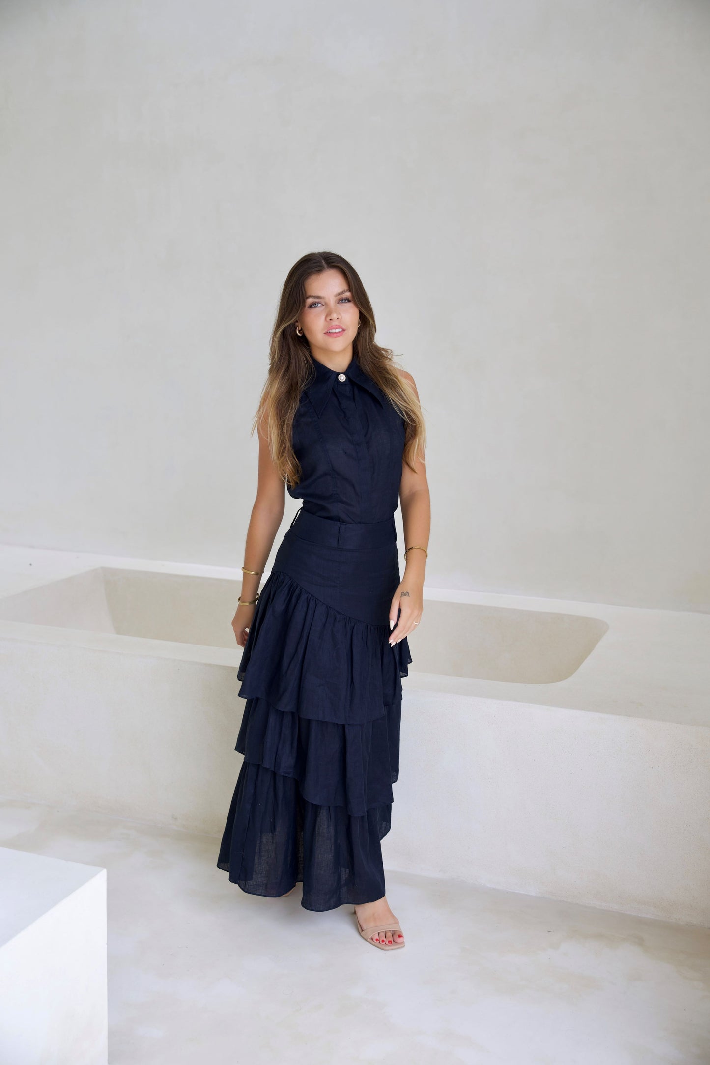 Joanie Tiered Maxi Skirt - Ink Navy Blue