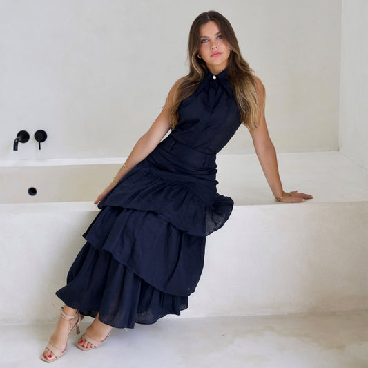 Joanie Tiered Maxi Skirt - Ink Navy Blue